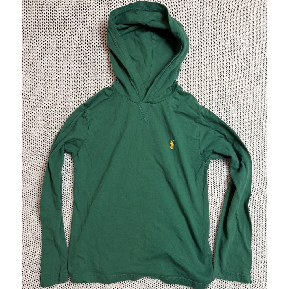 Polo Ralph Lauren Boys Green Hooded Long Sleeve Tee Shirt Size M 10-12 Pony Logo